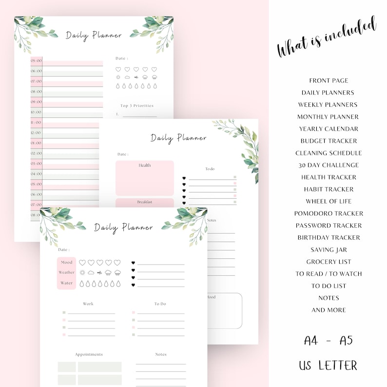 Printable Planner Bundle PDF Pink Green Leaves A5 Planner Inserts ...