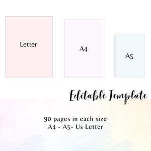 May include: An image featuring three rectangular paper templates labeled "Letter", "A4", and "A5". The text "Editable Template" is written in cursive. Additional text indicates 90 pages in each size, including A4, A5, and US Letter.