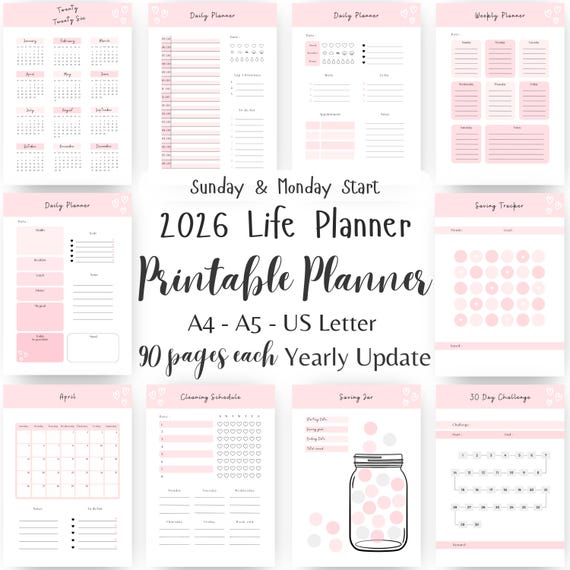 2025 Printable planner Bundle Girly Pink Heart PDF 2026 Daily A5 planner insert, weekly Monthly planner, Budget Tracker Cleaning schedule