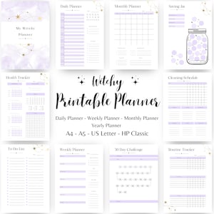 May include: Printable planner pages with a witchy theme. The pages include a daily planner, weekly planner, monthly planner, yearly planner, health tracker, to do list, cleaning schedule, saving jar, 30 day challenge, and routine tracker. The pages are decorated with stars and a purple watercolor background.