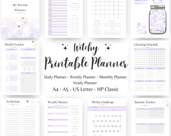 May include: Printable planner pages with a witchy theme. The pages include a daily planner, weekly planner, monthly planner, yearly planner, health tracker, to-do list, cleaning schedule, saving jar, 30 day challenge, and routine tracker. The pages are decorated with stars and a purple watercolour background.