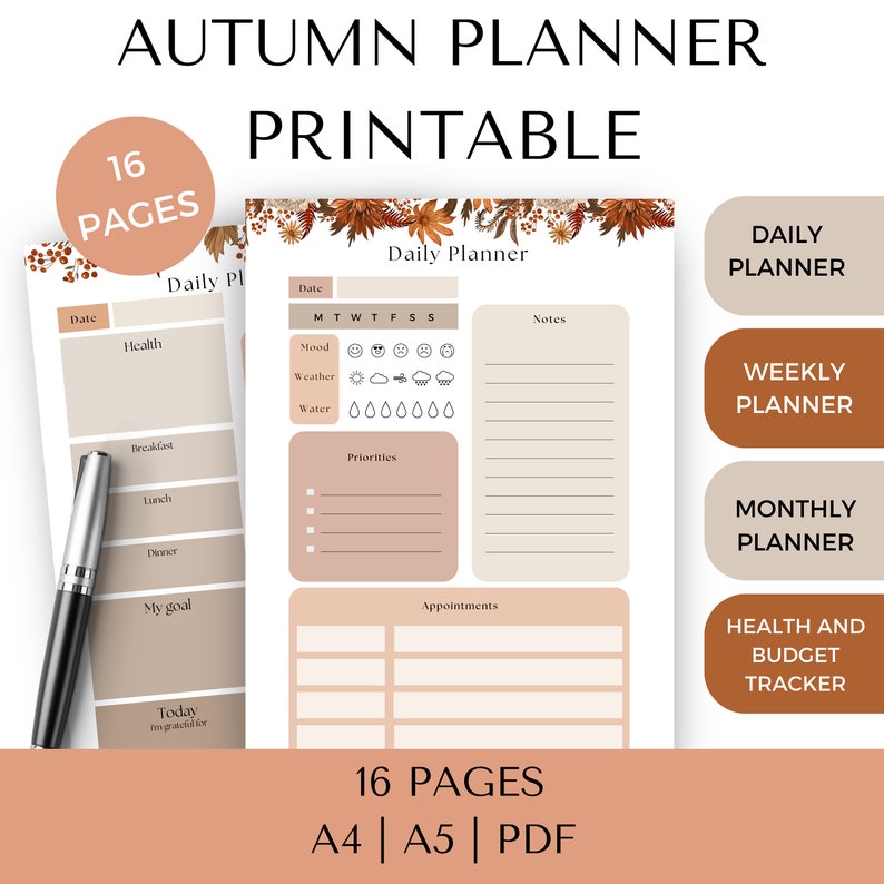 Autumn Planners Printable PDF, Fall Season Halloween, Daily Planner to ...