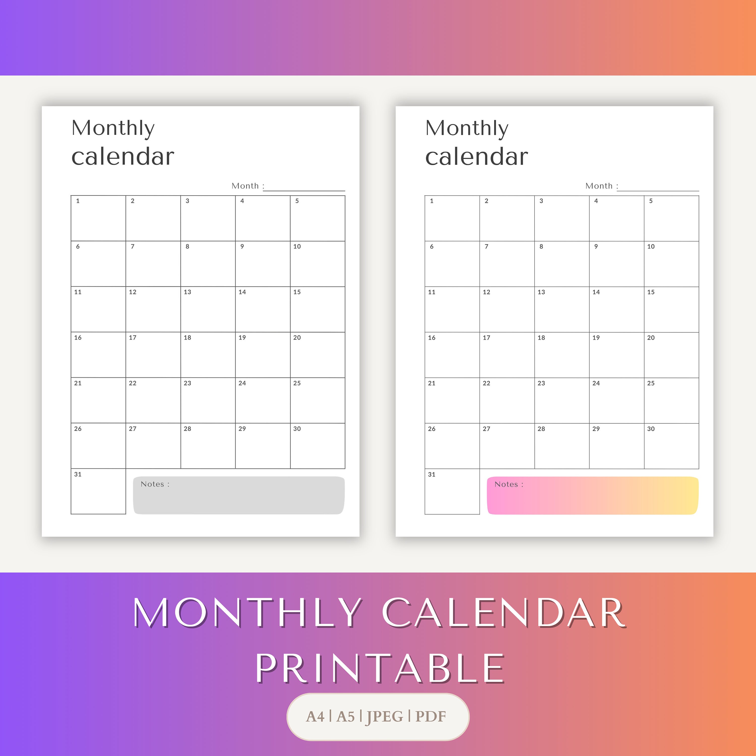 Monthly Calendar PDF Printable JPEG Planner Printabler - Etsy