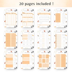 May include: A collection of 12 printable planner pages with a Halloween theme. The pages include a monthly budget, to-do lists, and habit trackers. Each page has orange and white elements with Halloween-themed graphics and the text "20 pages included!"