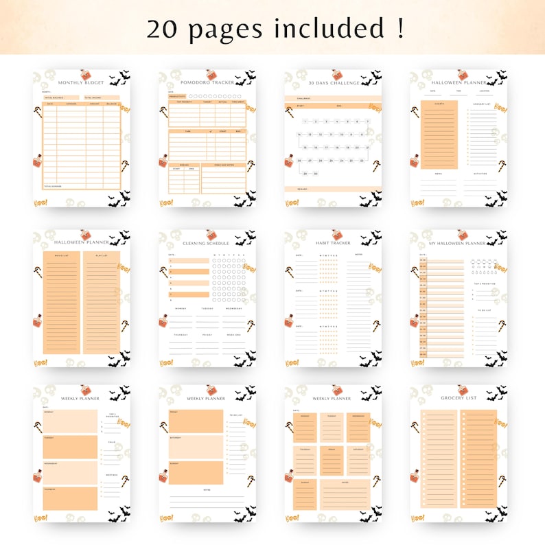 May include: A collection of 12 printable planner pages with a Halloween theme. The pages include a monthly budget, to-do lists, and habit trackers. Each page has orange and white elements with Halloween-themed graphics and the text "20 pages included!"