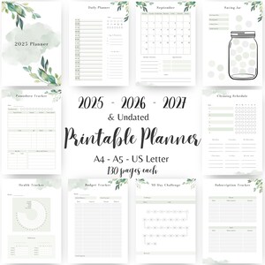 May include: Printable planner with a green watercolor design. The planner includes pages for daily planning, monthly calendars, a cleaning schedule, a budget tracker, a health tracker, a 30-day challenge, a subscription tracker, and a pomodoro tracker. The planner is available in A4, A5, and US Letter sizes. It includes 130 pages.
