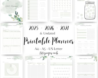 May include: Printable planner with a green watercolor design. The planner includes pages for daily planning, monthly calendars, a cleaning schedule, a budget tracker, a health tracker, a 30-day challenge, a subscription tracker, and a pomodoro tracker. The planner is available in A4, A5, and US Letter sizes. It includes 130 pages.