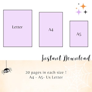 May include: Three rectangular sheets of paper in different sizes: Letter, A4, and A5, each with a light purple fill and black borders. The words "Instant Download" are written in a decorative font. The text "20 pages in each size! A4 - A5 - Us Letter" is also present.