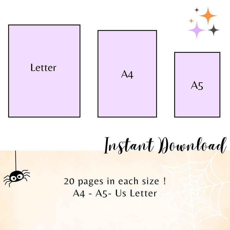 May include: Three rectangular sheets of paper in different sizes: Letter, A4, and A5, each with a light purple fill and black borders. The words "Instant Download" are written in a decorative font. The text "20 pages in each size! A4 - A5 - Us Letter" is also present.