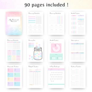 May include: A pastel-colored planner with the text "My Personal Planner" and pages for cleaning schedules, health tracking, and more. The image includes the text "90 pages included!"