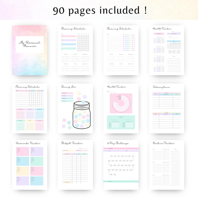 May include: A pastel-colored planner with the text "My Personal Planner" and pages for cleaning schedules, health tracking, and more. The image includes the text "90 pages included!"