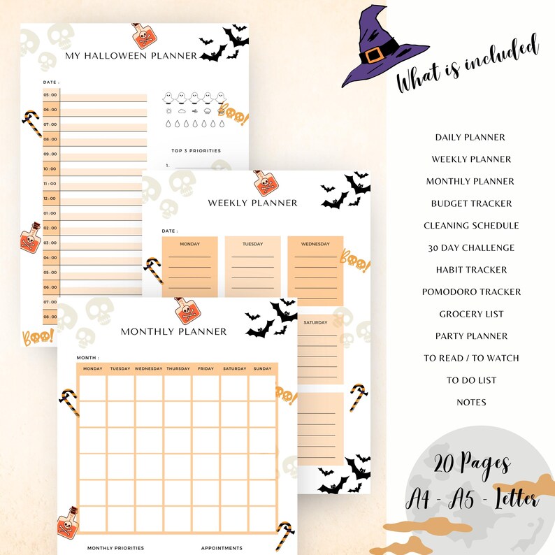 May include: Halloween-themed planner pages with a witch hat illustration. The pages include a daily, weekly, and monthly planner, a budget tracker, and a cleaning schedule. The pages are decorated with bats, skulls, and potion bottles. The text includes "My Halloween Planner" and "What is included".