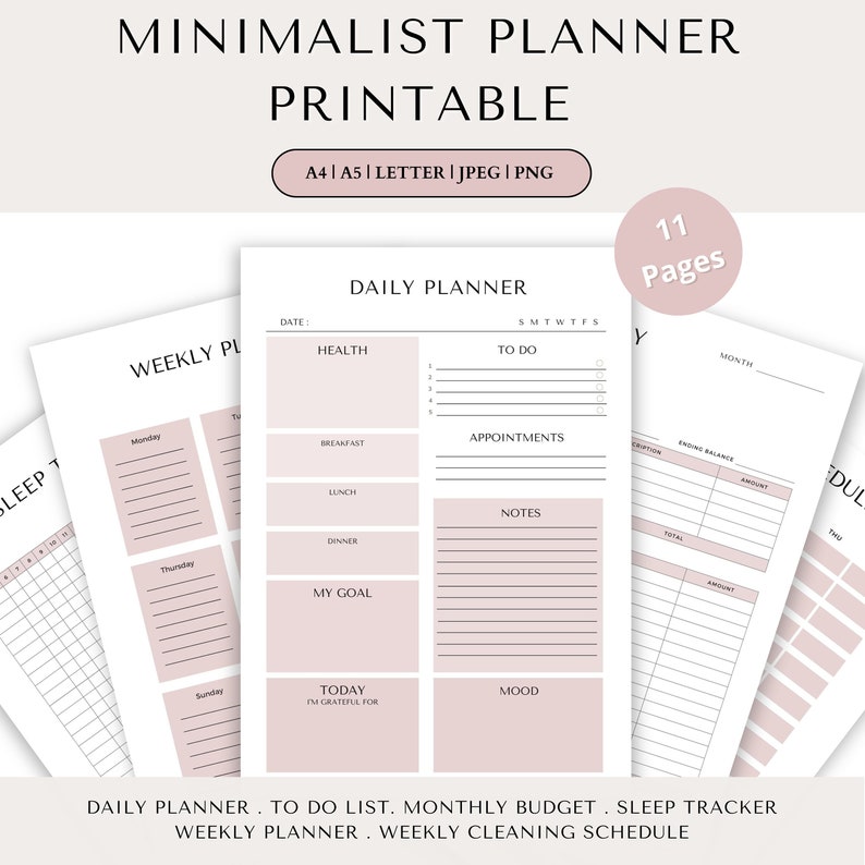 Minimalist Planner Printable A5 LETTER PDF Pink Daily - Etsy Australia