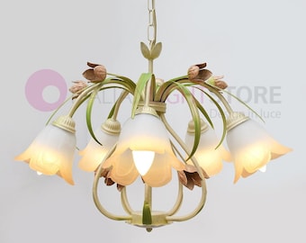 FLORA 5-Light Pendant Chandelier in Decorated Iron and Amber Glass, Classic Rustic Floral Style, Made in Italy Lighting