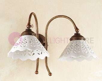 VOLTERRA 2-Light Wall Lamp with Adjustable D.18 Spotlights in White Perforated Ceramic, Classic Country Style - Made in Italy