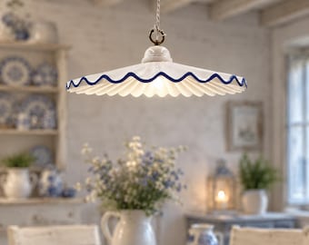 CASCINA Rustic Ceramic Pendant Light White and Blue – Farmhouse Country Chandelier – Romantic Italian Ceiling Lamp Made in Italy