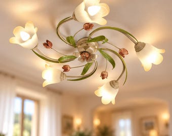 FLORA Florale Deckenlampe 5-flammig aus Schmiedeeisen und Bernsteinglas – Romantischer Rustikaler Shabby Chic Kronleuchter Made in Italy