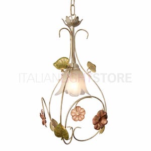 Lámpara de techo SPRING de hierro decorado y cristal de alabastro, estilo floral clásico, Made in Italy Lighting