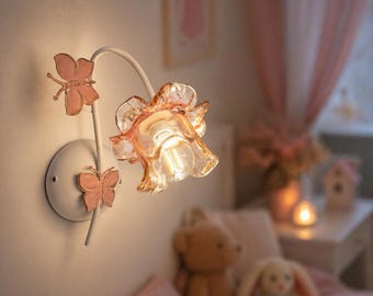 MARIPOSA Applique murale fille rose et blanc  – lampe murale papillons verre fleur – luminaire chambre enfant style shabby chic