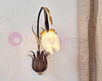 MATILDE 1-lichts wandlamp van smeedijzer met Florentijnse bloemendecoratie - Wit knopglas - Gemaakt in Italië