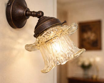 NINFEA  Small Wall Sconce Antique Brass Glass Flower – Shabby Chic Rustic Wall Light Vintage Lamp Made in Italy