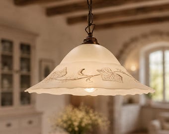 AUTUNNO Rustic Country Pendant Light with Decorated Glass Shade – Vintage Farmhouse Chandelier – Romantic Italian Ceiling Light