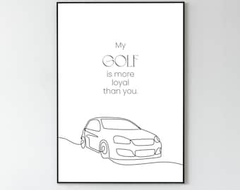 My Golf – Minimalistische Auto Line Art Poster – Digitale Sportauto Print – Lifestyle Wanddecoratie