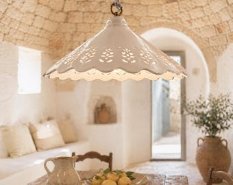 VOLTERRA Lámpara colgante cerámica blanca – lámpara rústica farmhouse vintage shabby chic Made in Italy