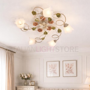 SPRING Florale Deckenleuchte 5-flammig Elfenbein Gold mit Blumen und weißen Glasschirmen – Italienische Shabby Chic Landhaus Deckenlampe