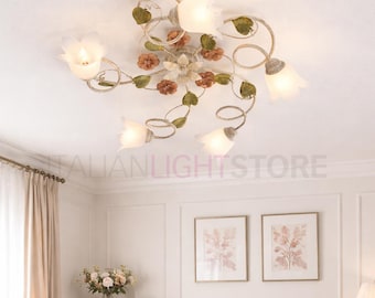 SPRING Plafondlamp 5-lichts kroonluchter in gedecoreerd ijzer en albastglas, klassieke bloemenstijl, Made in Italy Lighting