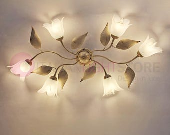 GRETA Decorative Floral Ceiling Light – 6-Light Ivory & Gold Shabby Chic Ceiling Lamp with Flowers and Leaves, White Glass Shades