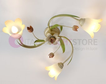 Lámpara de techo FLORA de 3 luces en hierro decorado y cristal ámbar, estilo floral, iluminación rústica clásica, fabricada en Italia.
