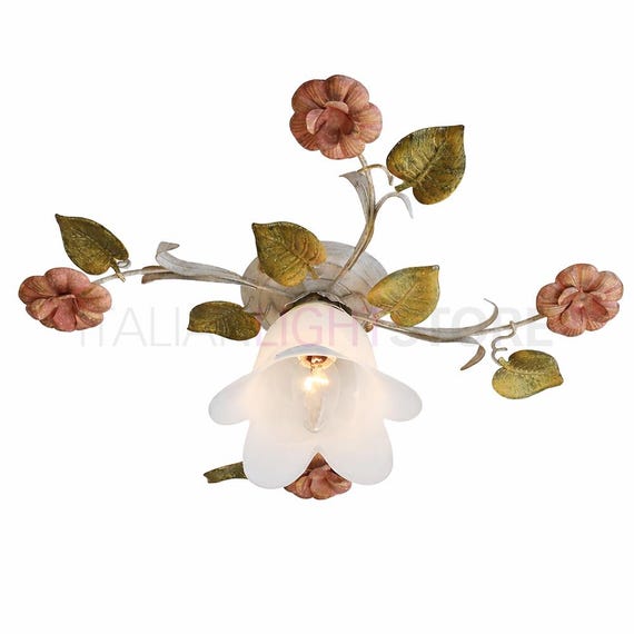 SPRING Plafoniera Lampadario a Soffitto in Ferro Decorato e Vetro Alabastro Stile Floreale Classico Illuminazione Made in Italy