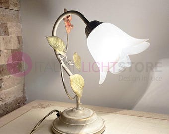 Spring Table Lamp in Decorated Iron and White Alabaster Glass | Classic Floral Abat-jour with Wiring | Made in Italy