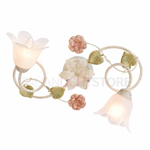 Lustre de teto SPRING com 2 lâmpadas em ferro decorado e vidro alabastro, estilo floral clássico, fabricado na Itália.