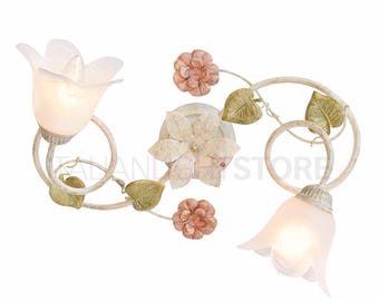 SPRING Ceiling Lamp 2-Light Chandelier in Decorated Iron and Alabaster Glass, Classic Floral Style, Made in Italy Lighting