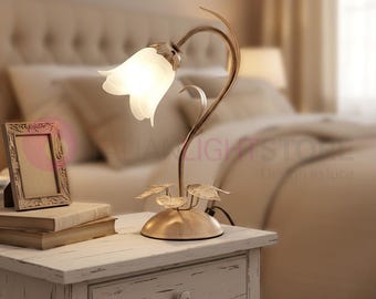 EDERA Romantic Floral Table Lamp – Handcrafted in Italy – Shabby Chic Bedside Light with Frosted Glass Flower Shade