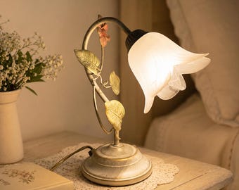Spring Table Lamp in Decorated Iron and White Alabaster Glass | Classic Floral Abat-jour with Wiring | Made in Italy
