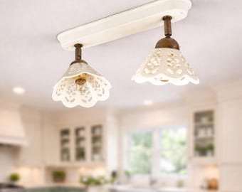 VOLTERRA Ceiling or Wall Lamp with 2 Adjustable Spotlights in White Ceramic, Classic Country Style - Made in Italy