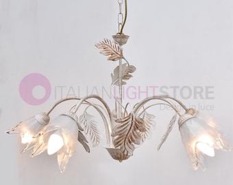 SYBILLA Rustic Ceiling Chandelier 5 Lights Iron Arms Decorated Ivory Brown with Leaves Classic Floral Style Made in Italy
