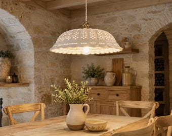 POMARANCE Rustic Ceramic Pendant Light – White Farmhouse Chandelier Vintage Country Hanging Lamp Made in Italy