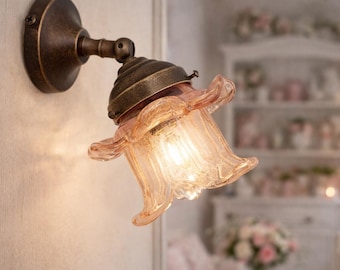 NINFEA  Small Wall Sconce  Antique Brass Pink Glass Flower – Shabby Chic Rustic Wall Light Handmade Vintage Made in Italy
