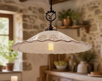 MERLETTO MATT Rustikale Keramik Hängelampe  – Vintage romantische Pendelleuchte – Farmhouse Shabby Chic Deckenlampe – Made in Italy