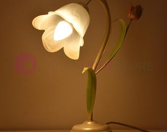 FLORA Romantic Floral Table Lamp – Handcrafted in Italy – Shabby Chic Bedside Light with Frosted Glass Flower Shade