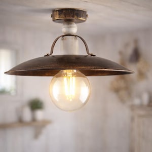 CASALE Plafonnier Industriel Vintage 1 Lumière E27 Marron Or Blanc, Lampe de Plafond Rustique Made in Italy, Style Usine, Éclairage Diffus