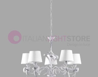 FIOCCO Eleganter 5-flammiger Shabby-Chic-Kronleuchter mit Metallrahmen und weißen Lampenschirmen – Provenzalischer Stil – Hergestellt in Italien