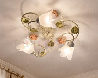 SPRING Decorative Floral Ceiling Light – 3-Light Ivory & Gold Shabby Chic Ceiling Lamp with Flowers and Leaves, White Glass Shades