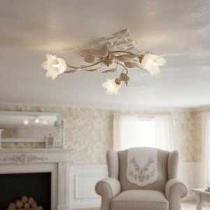 GRETA Plafon Lampa Sufitowa 3 Punkty Kwiaty Shabby Chic Krem Złoto, Lampa Florystyczna z Kloszami, Made in Italy