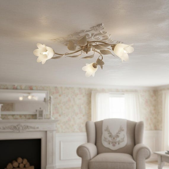 GRETA Deckenlampe 3-flammig Blumen Shabby Chic Creme Gold, Florale Deckenleuchte mit Glas, Made in Italy