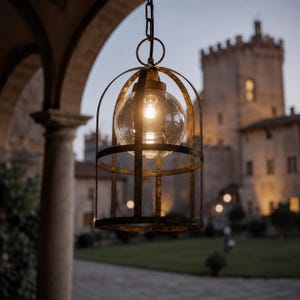 May include: A hanging outdoor light fixture with a clear glass globe and a rusty metal cage. The light is suspended from a chain and ring. The background features a stone building and archway.